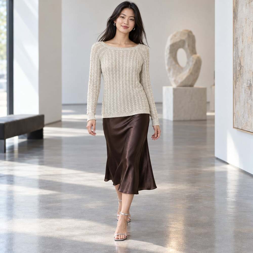 NWT Jones New York Signature Champagne Metallic Cable Knit Sweater Medium